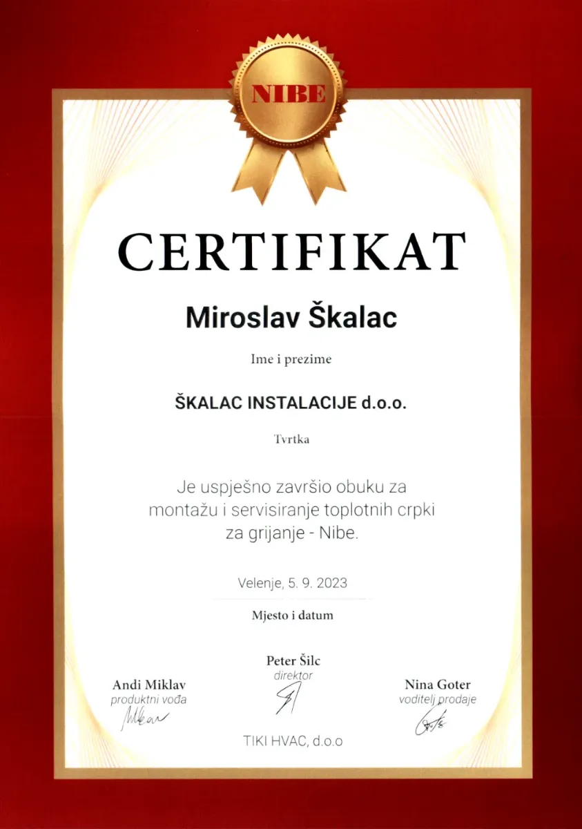 NIBE certifikat za montažu i servisiranje dizalica topline 2023., Škalac instalacije