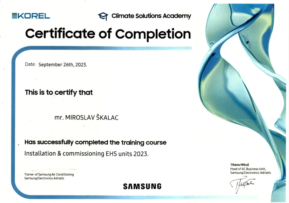 Samsung certifikat: ugradnja i puštanje u rad EHS dizalica topline 2023., Miroslav Škalac
