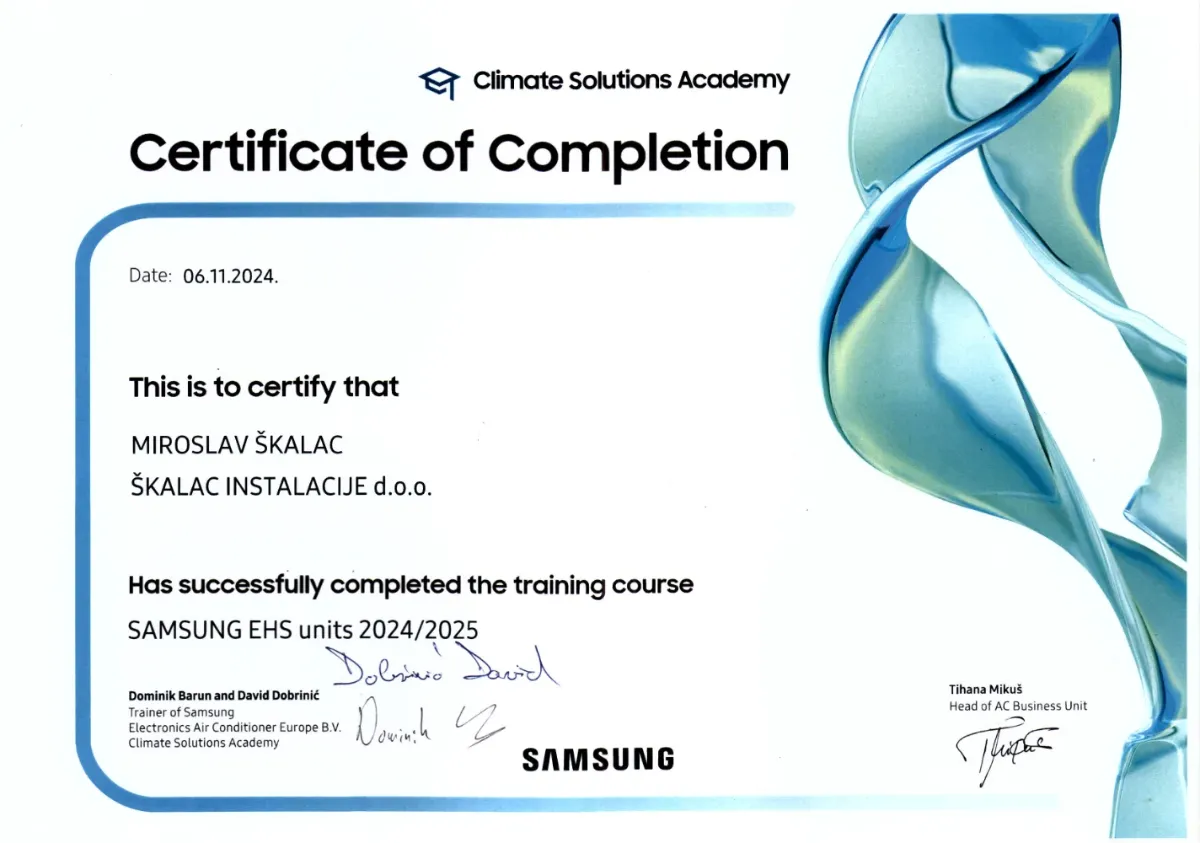 Samsung certifikat: edukacija za Samsung EHS dizalice topline 2024./2025., Škalac instalacije