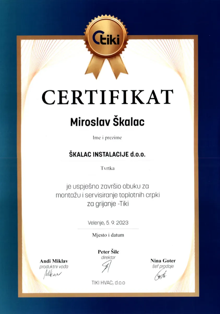 Tiki certifikat za montažu i servisiranje dizalica topline 2023., Škalac instalacije