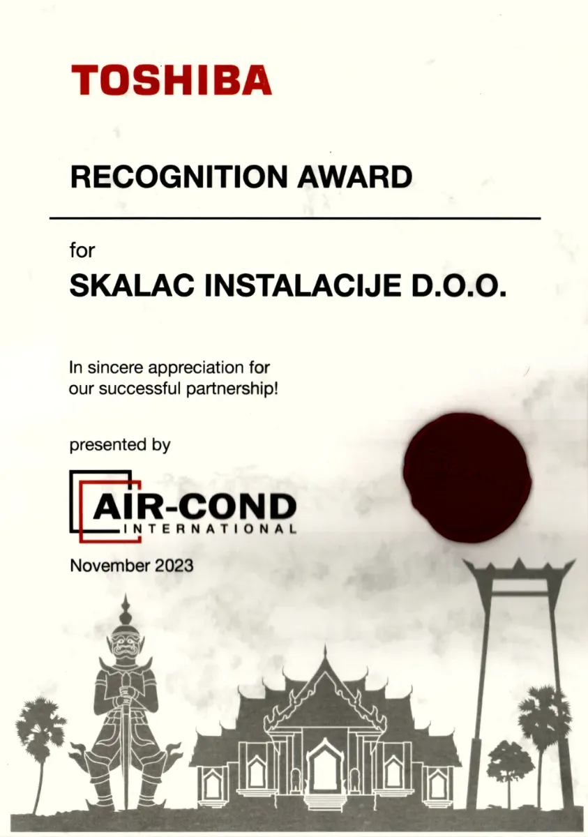 Toshiba Recognition Award 2023. za Škalac instalacije d.o.o.