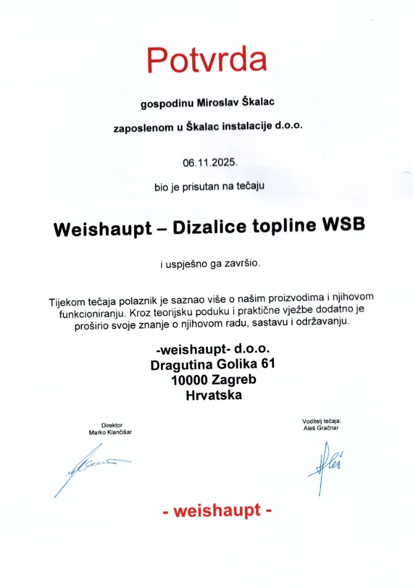 Weishaupt potvrda o tečaju za dizalice topline WSB 2025., Škalac instalacije