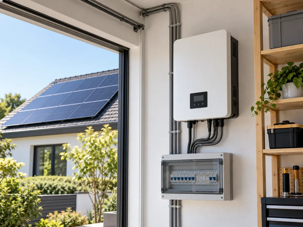 Inverter fotonaponskog sustava i razvodna kutija na zidu garaže, kroz vrata se vide solarni paneli na krovu