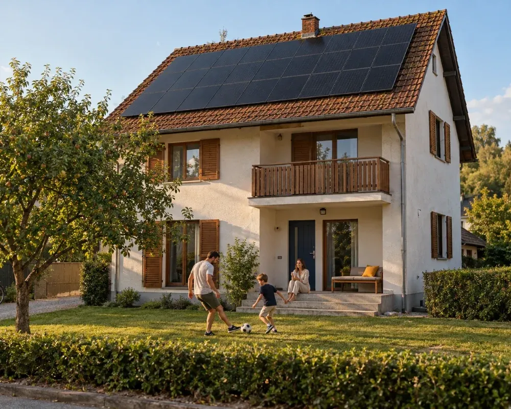 Obiteljska kuća sa solarnim panelima na krovu, otac i sin igraju nogomet u dvorištu