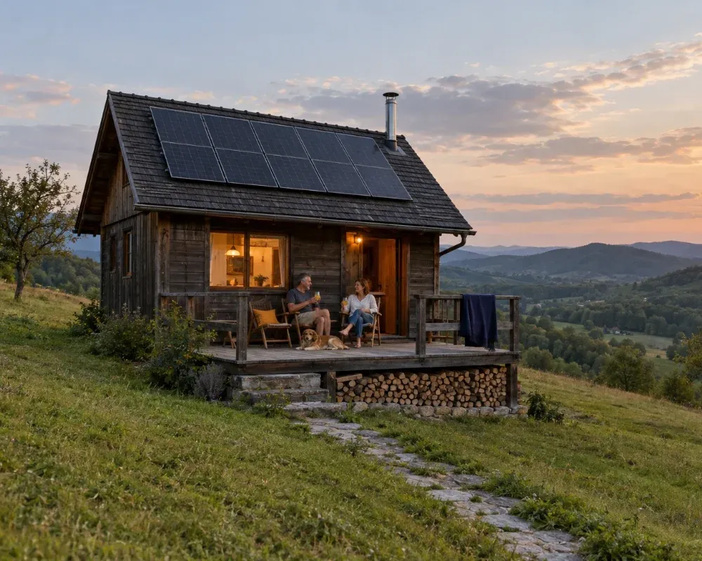 Drvena vikendica sa solarnim panelima na krovu i par na terasi u zalasku sunca
