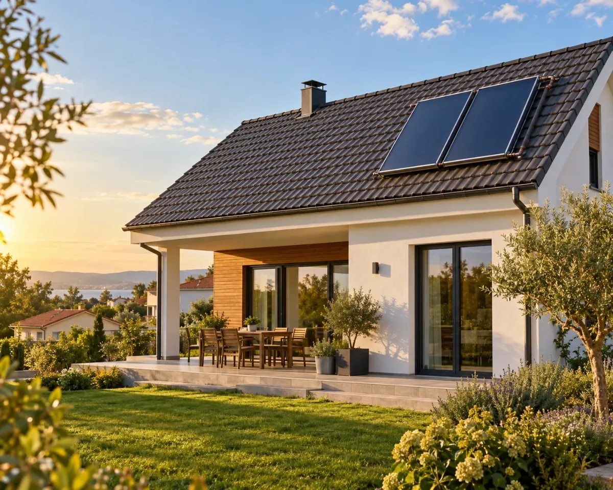 Dva ravna solarna termalna kolektora za toplu vodu na krovu obiteljske kuće s vrtom